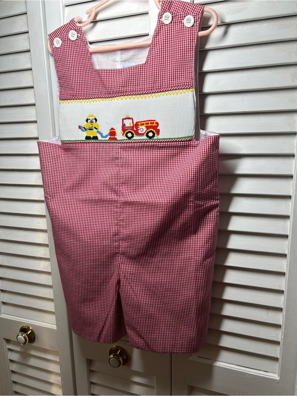 Adorable Red Gingham Kids Shortall with Smocked Fire Truck Motif Size 3 Toddler